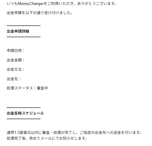 マネチャ(Money Charger) 出金通知メール