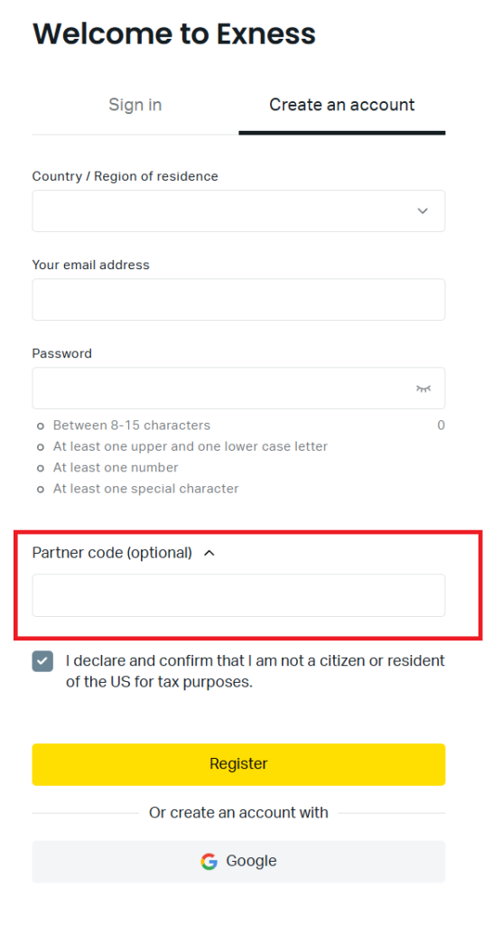 エクスネス口座開設フォーム①